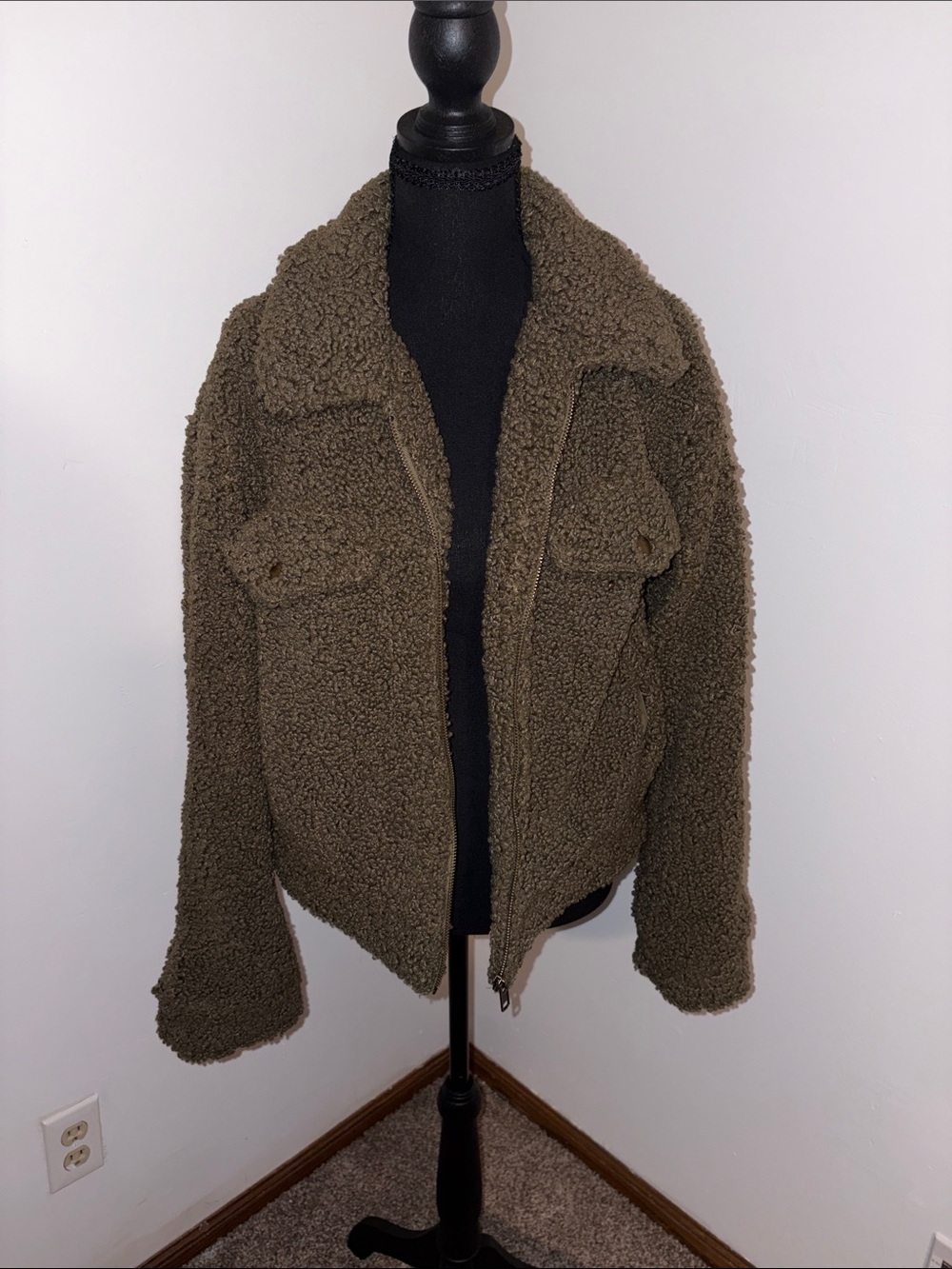 Forever 21 Olive Teddy Sherpa Zip Jacket
